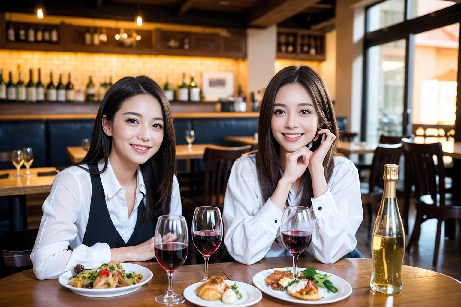 ((Highest quality、8K、masterpiece:1.3))、1 male 1 female、lover、Beautiful couple、Happy smile、full-course dinner、 (Slim face), (the body is スリム), (Brown Hair), (Shortcuts), ((Bob Hale、Straight hair:1.2)), テーブルの上のwine glass、Put the light on your face、 Amazing view of the sunset sky and clouds、The beauty of a smile、Bright image、Blushing, Shortcuts, (Age 35), 39 years old, Appetizers、Italian food、Wine bottle、Champagne、sparkling wine、Long sleeve shirt、dress、Attractive beauty、restaurant, Nova Frog Style, actress, model, Upper Body, White wine, red wine, wine glass,