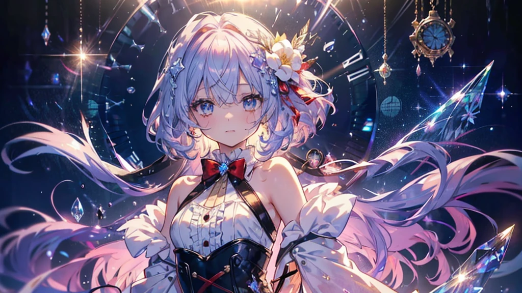 (((Crystal Texture Hair))),{{{{{Highly detailed CG}}}}},{{8K_wallpaper}},{{{{Crystal Purple Jeweled Gloves}}}},((Beautifully detailed glass hair)),((Textured hand shaped glass)),((Crystallized Texture Body)),jewelry body,Hands as transparent as jewels,Crystallization of clothes,((crystal texture skin)),Shine, Lens flare, Light leakage, Broken glass,{{{{Exquisite glass-shaped clothing}}}}, ((masterpiece)), (((Highest quality))), ((Super detailed)), ((figure)), ((Disheveled Hair)), ((Frills)), (1 Girl), (alone), Dynamic Angle, Big Top Sleeves, floating, Beautiful and exquisite jewel sky, Sea of Gems, Beautiful attention to detail, Exposure, Blunt Side Bangs, Hair between the eyes, ribbon, A bow tie, button, Bare shoulders, (((Small breasts))), Pleated skirt, crystal texture flower, ((Clothing crystallized down to the last detail)),(Body Gemstones),alone focus,{{{{{{{{Iridescent shine and iridescent hair:2.5}}}}}}},{{{{{{Detailed cute anime faces}}}}}},{{change}},{{{{{watercolor_(Moderate)}}}},(((masterpiece))),(((clock))),(((red))),(((Blood))),In detail,Depth of written boundary,Bloodの滴,Bloodの霧