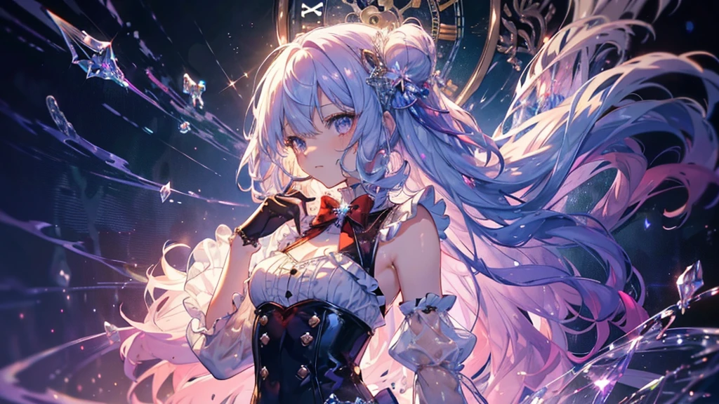 (((Crystal Texture Hair))),{{{{{Highly detailed CG}}}}},{{8K_wallpaper}},{{{{Crystal Purple Jeweled Gloves}}}},((Beautifully detailed glass hair)),((Textured hand shaped glass)),((Crystallized Texture Body)),jewelry body,Hands as transparent as jewels,Crystallization of clothes,((crystal texture skin)),Shine, Lens flare, Light leakage, Broken glass,{{{{Exquisite glass-shaped clothing}}}}, ((masterpiece)), (((Highest quality))), ((Super detailed)), ((figure)), ((Disheveled Hair)), ((Frills)), (1 Girl), (alone), Dynamic Angle, Big Top Sleeves, floating, Beautiful and exquisite jewel sky, Sea of Gems, Beautiful attention to detail, Exposure, Blunt Side Bangs, Hair between the eyes, ribbon, A bow tie, button, Bare shoulders, (((Small breasts))), Pleated skirt, crystal texture flower, ((Clothing crystallized down to the last detail)),(Body Gemstones),alone focus,{{{{{{{{Iridescent shine and iridescent hair:2.5}}}}}}},{{{{{{Detailed cute anime faces}}}}}},{{change}},{{{{{watercolor_(Moderate)}}}},(((masterpiece))),(((clock))),(((red))),(((Blood))),In detail,Depth of written boundary,Bloodの滴,Bloodの霧