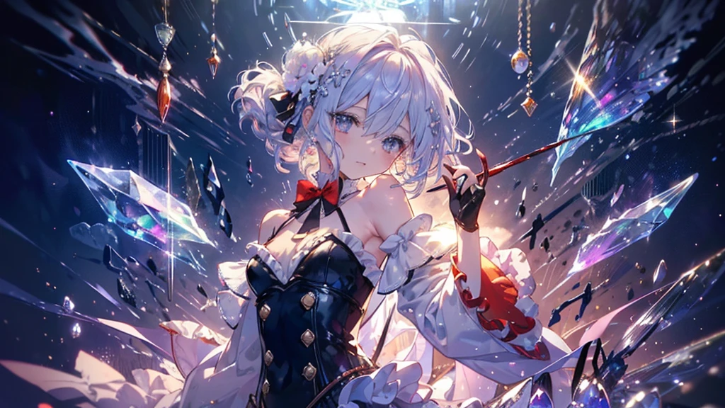 (((Crystal Texture Hair))),{{{{{Highly detailed CG}}}}},{{8K_wallpaper}},{{{{Crystal Purple Jeweled Gloves}}}},((Beautifully detailed glass hair)),((Textured hand shaped glass)),((Crystallized Texture Body)),jewelry body,Hands as transparent as jewels,Crystallization of clothes,((crystal texture skin)),Shine, Lens flare, Light leakage, Broken glass,{{{{Exquisite glass-shaped clothing}}}}, ((masterpiece)), (((Highest quality))), ((Super detailed)), ((figure)), ((Disheveled Hair)), ((Frills)), (1 Girl), (alone), Dynamic Angle, Big Top Sleeves, floating, Beautiful and exquisite jewel sky, Sea of Gems, Beautiful attention to detail, Exposure, Blunt Side Bangs, Hair between the eyes, ribbon, A bow tie, button, Bare shoulders, (((Small breasts))), Pleated skirt, crystal texture flower, ((Clothing crystallized down to the last detail)),(Body Gemstones),alone focus,{{{{{{{{Iridescent shine and iridescent hair:2.5}}}}}}},{{{{{{Detailed cute anime faces}}}}}},{{change}},{{{{{watercolor_(Moderate)}}}},(((masterpiece))),(((clock))),(((red))),(((Blood))),In detail,Depth of written boundary,Bloodの滴,Bloodの霧