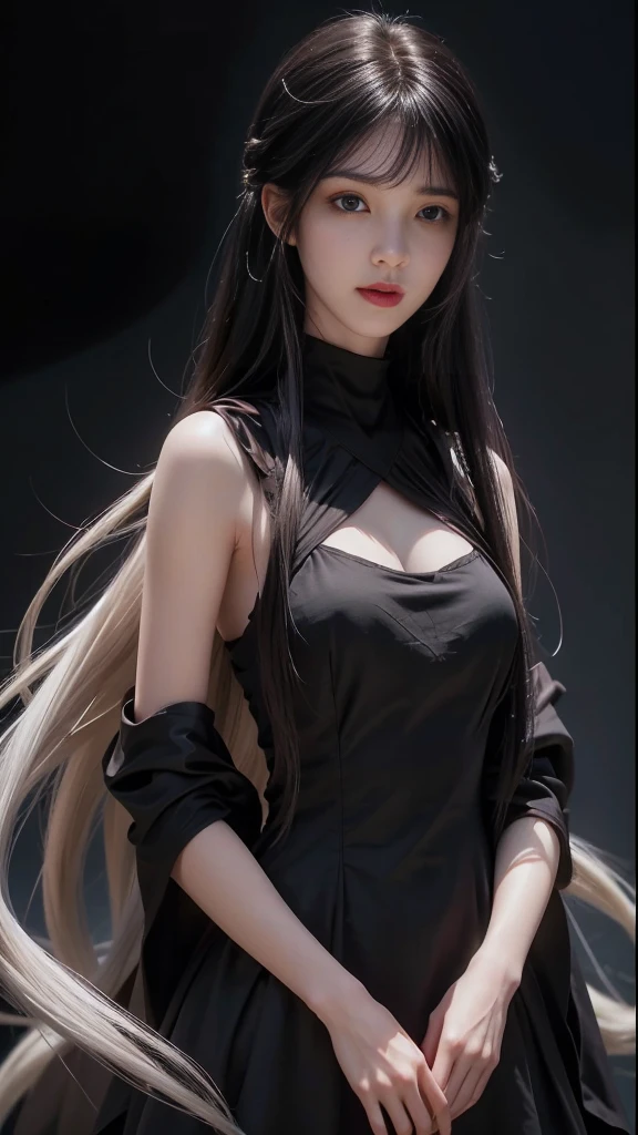 (Surrealism),(illustration),(Resolution increased),(8K),(extremely detailed),(Best illustration),(Nice and detailed eyes),(best quality),(Super detailed),(masterpiece),(wallpaper),(Detailed face),独奏,a girl,looking at the audience,fine details,Detailed face,in darkness、in deep shadow,low key,pure face,Smile,long hair,black face。Shawl straight hair,46 points oblique bangs,masterpiece,best quality,35mm,8K,grotesque,pretty girl,(Upper body,dark gray background:1.4),(Black silk dress,black hair:1.6),slender,Dark Studio,edge lighting,Surrealism,high resolution,photography,Film pattern,dispersion,depth of field,clear,High focus,high resolution,Coordinating Minister,dynamic lighting,film lighting,Professional shadows,dark shadow,supreme detail,extreme details,extreme details,fine details,real skin,Exquisite facial features,Detailed face and eyes,sharp pupils,realistic pupils,Long Black Hair with Bangs,black hairtop,White hair base color,hair two colors,hair two colors black and white hair,black hair,white hair,Mixed hair colors,brown eyes,white hairbrown eyes。White hair,White-blond hair，Red head rope，Nice hairstyle