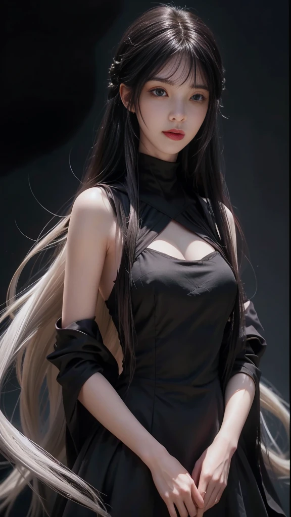 (Surrealism),(illustration),(Resolution increased),(8K),(extremely detailed),(Best illustration),(Nice and detailed eyes),(best quality),(Super detailed),(masterpiece),(wallpaper),(Detailed face),独奏,a girl,looking at the audience,fine details,Detailed face,in darkness、in deep shadow,low key,pure face,Smile,long hair,black face。Shawl straight hair,46 points oblique bangs,masterpiece,best quality,35mm,8K,grotesque,pretty girl,(Upper body,dark gray background:1.4),(Black silk dress,black hair:1.6),slender,Dark Studio,edge lighting,Surrealism,high resolution,photography,Film pattern,dispersion,depth of field,clear,High focus,high resolution,Coordinating Minister,dynamic lighting,film lighting,Professional shadows,dark shadow,supreme detail,extreme details,extreme details,fine details,real skin,Exquisite facial features,Detailed face and eyes,sharp pupils,realistic pupils,Long Black Hair with Bangs,black hairtop,White hair base color,hair two colors,hair two colors black and white hair,black hair,white hair,Mixed hair colors,brown eyes,white hairbrown eyes。White hair,White-blond hair,Red head rope,Nice hairstyle