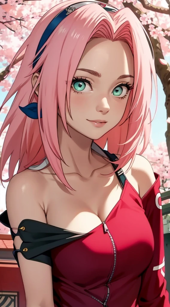 tmasterpiece, Best quality at best, 1girll, Sakura Haruno, Large breasts,Off-the-shoulder attire,(cleavage),(upperbody closeup),Raised sexy,is shy,ssmile,with pink hair, long whitr hair, (Green eyeballs:1.4), Forehead protection, the cherry trees,Cherry blossoms flying,Red clothes,Zipper half