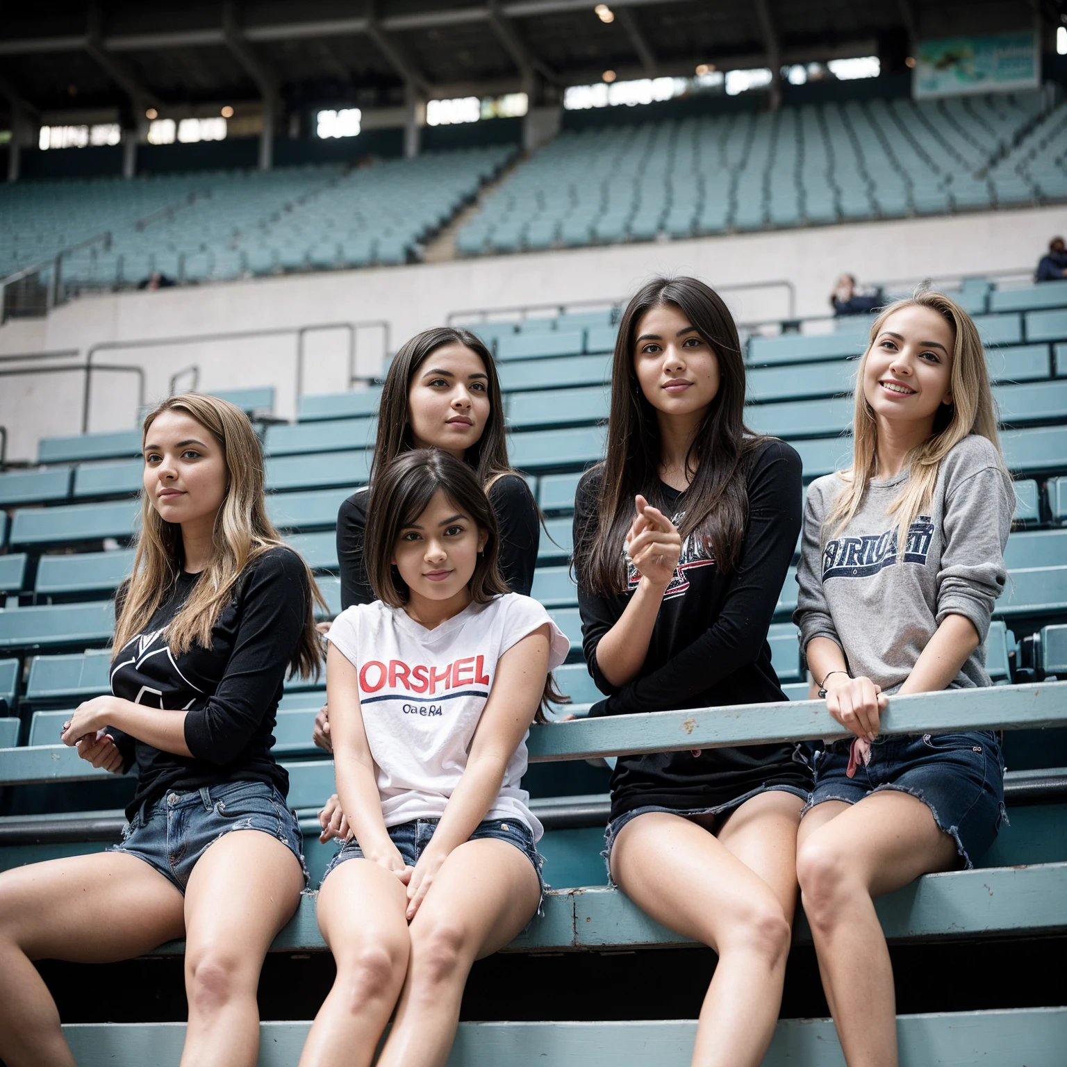 three beautiful, very young and very slim women, in the stands of a stadium full of people, dressed in casual clothes, supporting their team and posing for a photo.