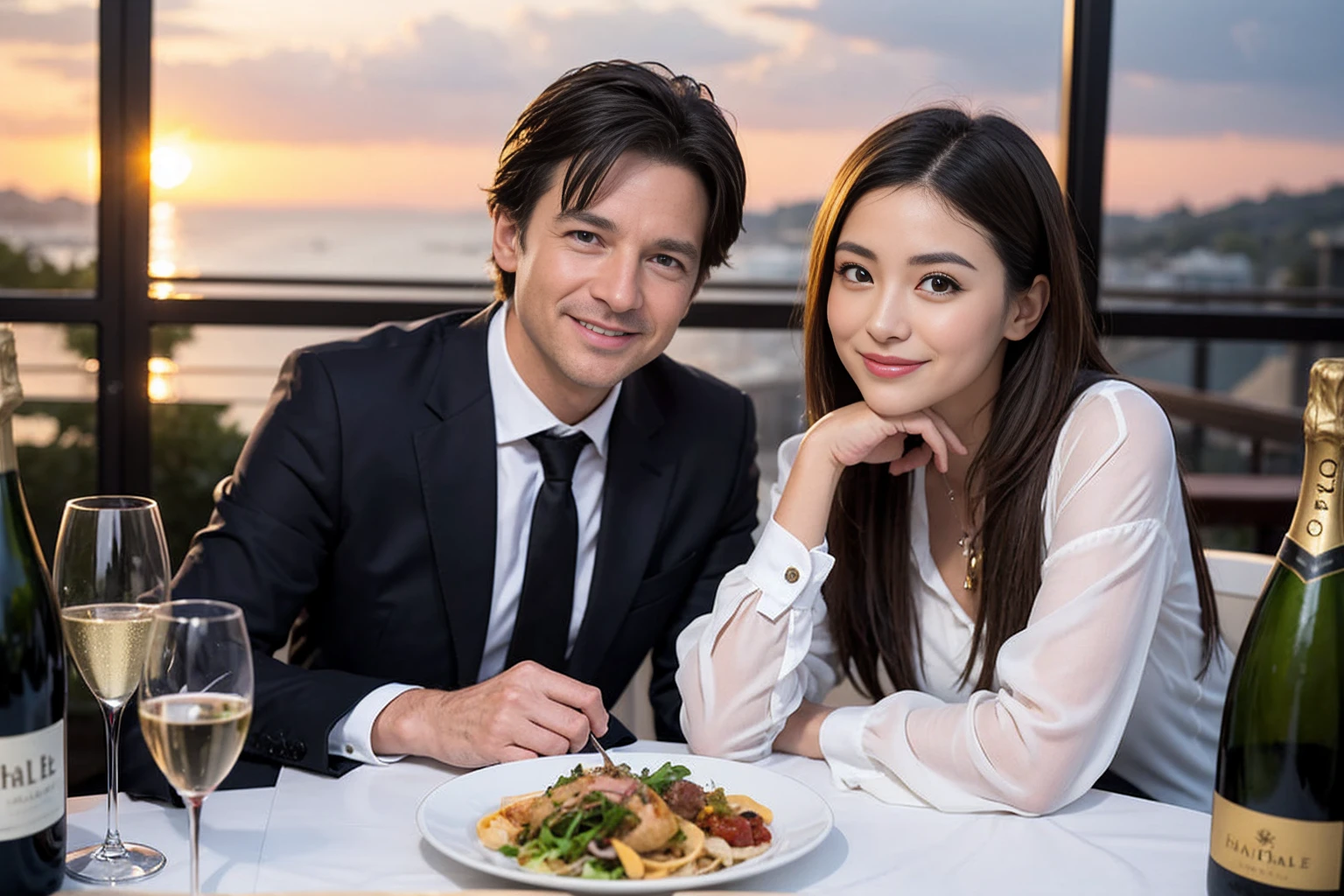 ((Highest quality、、masterpiece:1.3))、1 male、1 female、spouse、Beautiful couple、smile、full-course dinner、 (Slim face), (the body is スリム), (Brown Hair), (Shortcuts), ((Bob Hale、Straight hair:1.2)), テーブルの上のwine glass、Put the light on your face、 Amazing view of the sunset sky and clouds、smileの美しさ、Bright image、Blushing, Shortcuts, (43 years old), 39 years old, Appetizers、Italian food、Wine bottle、Champagne、sparkling wine、Long sleeve shirt、dress、Attractive beauty、restaurant, Nova Frog Style, actress, model, Upper Body, White wine, red wine, wine glass, 