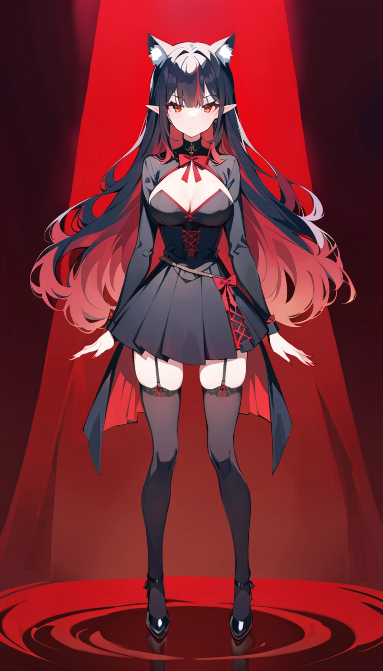 an anime style drawing of a female standing on a red area with a dark dress and cat ears, 1girl, solo, red eyes, thighhighs, black hair, garter straps, long hair, breasts, red nails, dress, black thighhighs, black dress, red hair, multicolored hair, pointy ears, looking at viewer