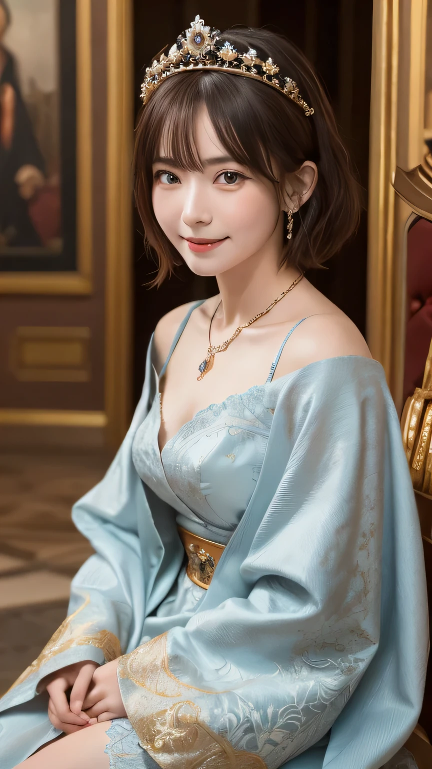 closeup shot , Best picture quality (8K, high resolution, Masterpiece: 1.2), super detailed, 215 Short Hair, 16-year-old woman,
situation: In the majestic throne rooms of ancient palaces and castles、Scene of sitting on a luxurious throne。
clothing: King or queen robes、crown、Luxurious ornaments(Rings, necklaces etc.)。
angle:
Close-up: Sit on a throne、Staring ahead with a solemn expression。crownのディテールや、Reflecting the intricate details of the throne。
Detailed depiction: The lavish decorations of the throne room、Tapestry hanging on the wall、A detailed depiction of the loyal subjects at the feet of the King。
Emotional moment: The moment he sat on the throne、crownをかぶるシーン、Emphasis on the kneeling vassal。
, Close-up of face
, random cute pose ,big eyes ,Puffy eyes , Heart Pupil, blush , huge shy smile , salute