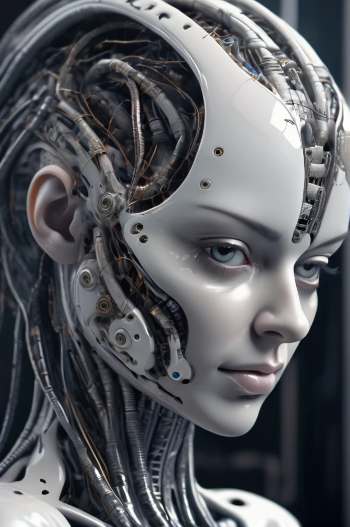 complex 3d render ultra detailed of a beautiful porcelain profile woman android face, the brain connected, lot of memories,  cyborg, robotic parts, 150 mm, beautiful studio soft light, rim light, vibrant details, luxurious cyberpunk, lace, hyperrealistic, anatomical, facial muscles, cable electric wires, microchip, elegant, beautiful background, octane render, H. R. Giger style, 8k, best quality, masterpiece, illustration, an extremely delicate and beautiful, extremely detailed ,CG ,unity ,wallpaper, (realistic, photo-realistic:1.37),Amazing, finely detail, masterpiece,best quality,official art, extremely detailed CG unity 8k wallpaper, absurdres, incredibly absurdres, robot, silver halmet, full body, sitting