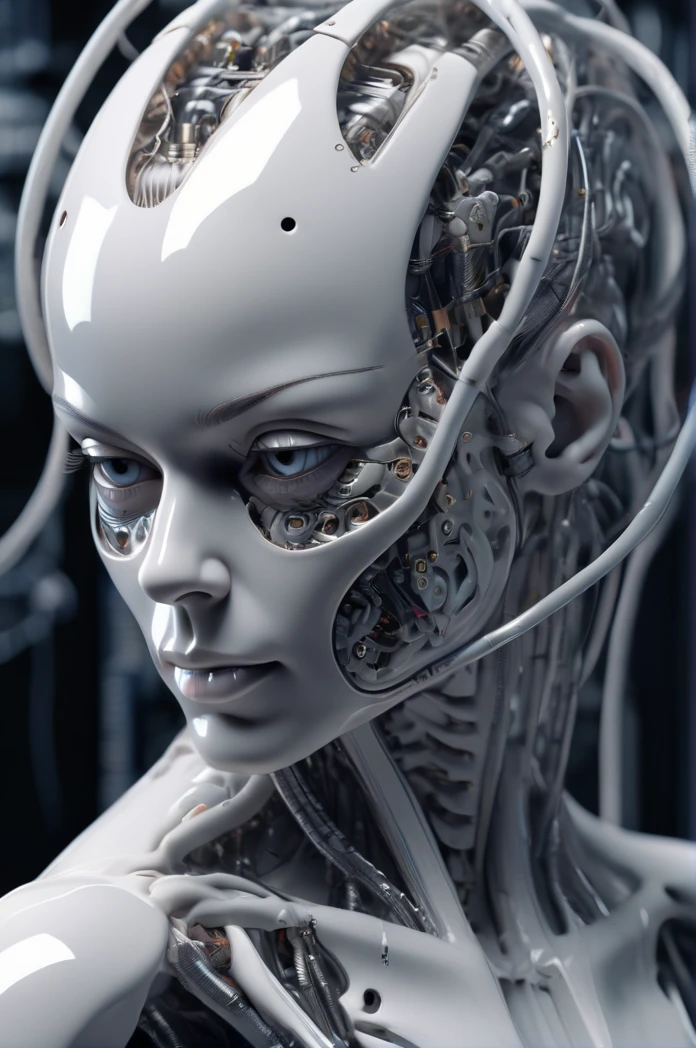complex 3d render ultra detailed of a beautiful porcelain profile woman android face, the brain connected, lot of memories, cyborg, robotic parts, 150 mm, beautiful studio soft light, rim light, vibrant details, luxurious cyberpunk, lace, hyperrealistic, anatomical, facial muscles, cable electric wires, microchip, elegant, beautiful background, octane render, H. R. Giger style, 8k, best quality, masterpiece, illustration, an extremely delicate and beautiful, extremely detailed ,CG ,unity ,wallpaper, (realistic, photo-realistic:1.37),Amazing, finely detail, masterpiece,best quality,official art, extremely detailed CG unity 8k wallpaper, absurdres, incredibly absurdres, robot, silver halmet, full body, sitting