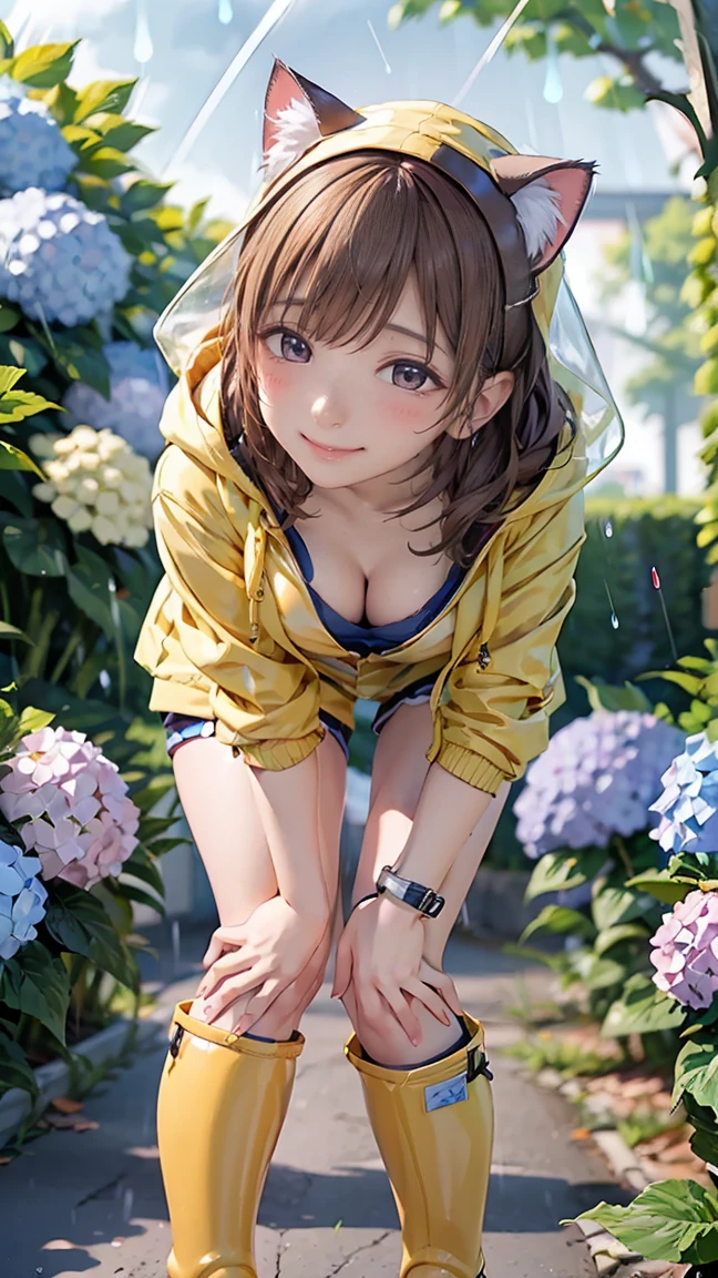 ((((highest quality)))), (((Ultra-precision CG 16K))), (((masterpiece))), (((Very detailed))), (((Extremely detailed))), (((Black outline:1.3, Written boundary depth:1.3 , Written soft outline))), Blur, Bokeh, Maximum clarity and sharpness,Multilayer Texture, Surface Shading, Cinematic lighting, Beautiful details sparkle ,Perfect Proportions, Limited to three woman, BREAK accurate, Anatomically correct, Highly detailed face and skin texture, drawn in detail, Highly detailed facial and skin texture, Detailed eyes, beautiful hair, Beautiful Japanese Idol face, Beautiful and beautiful eyes, Beautiful body, Beautiful breasts, Beautiful thighs, Beautiful legs, Beautiful fingers, (Beautiful views) , skinny body, ((Beautiful Skin)), ((Skin Texture)) BREAK breast enlarged, large Breasts, rocket breasts, slender waist, (blush, smiling:1.3,) BREAK (((yellow raincoat:1.3 , yellow rain boots, cover your whole head with the cat ear shaped hood of raincoat, race queen uniform:1.3, bodysuit, midriff peek))) , wearing earrings, BREAK ((( a girl bent over , rainbow, sunny rain , hydrangeas, frog, stick breast out))),(serious, full body shot, long shot , from front:1.3 , from below:1.3,),