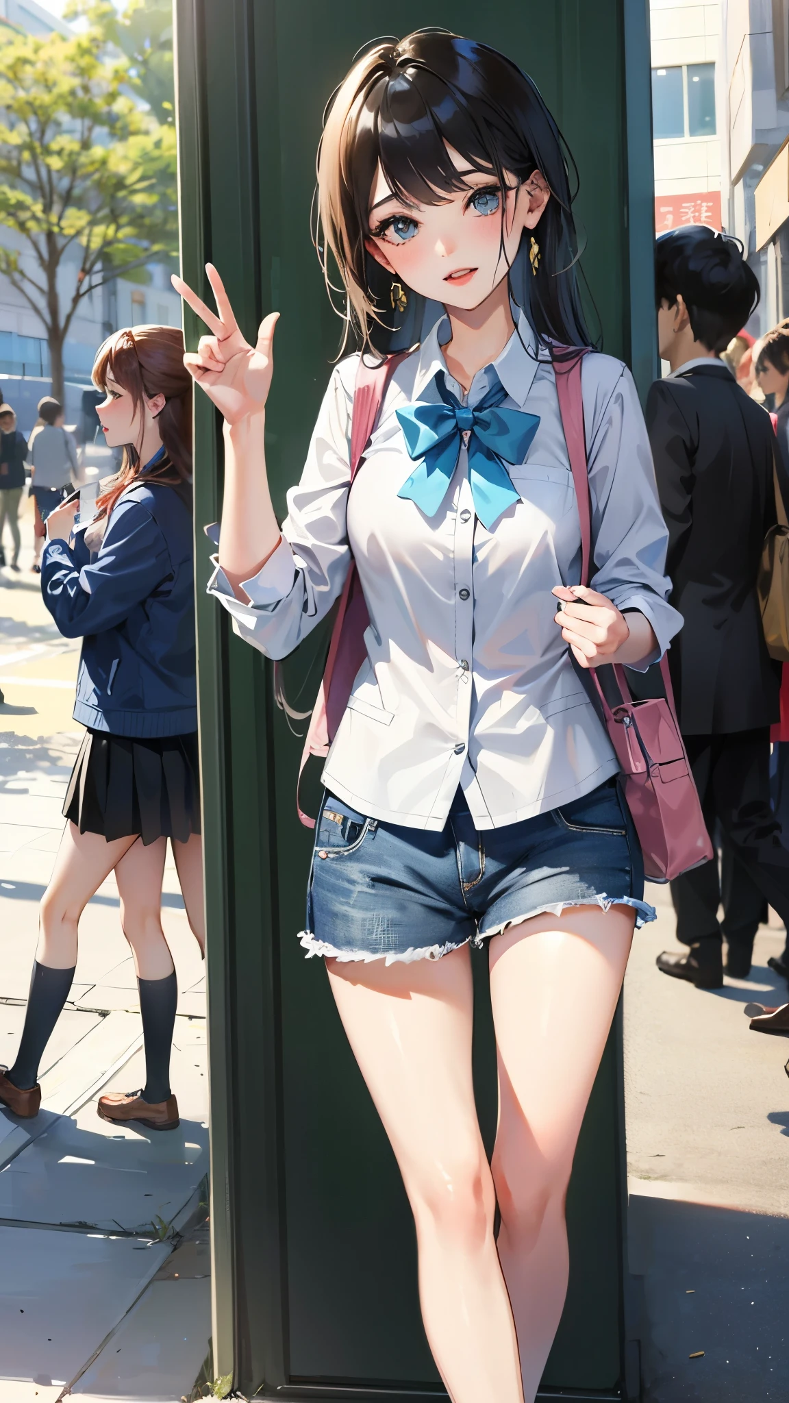 A high school girl shows off her pussy to passersby。She's big too、A used condom is on his belt