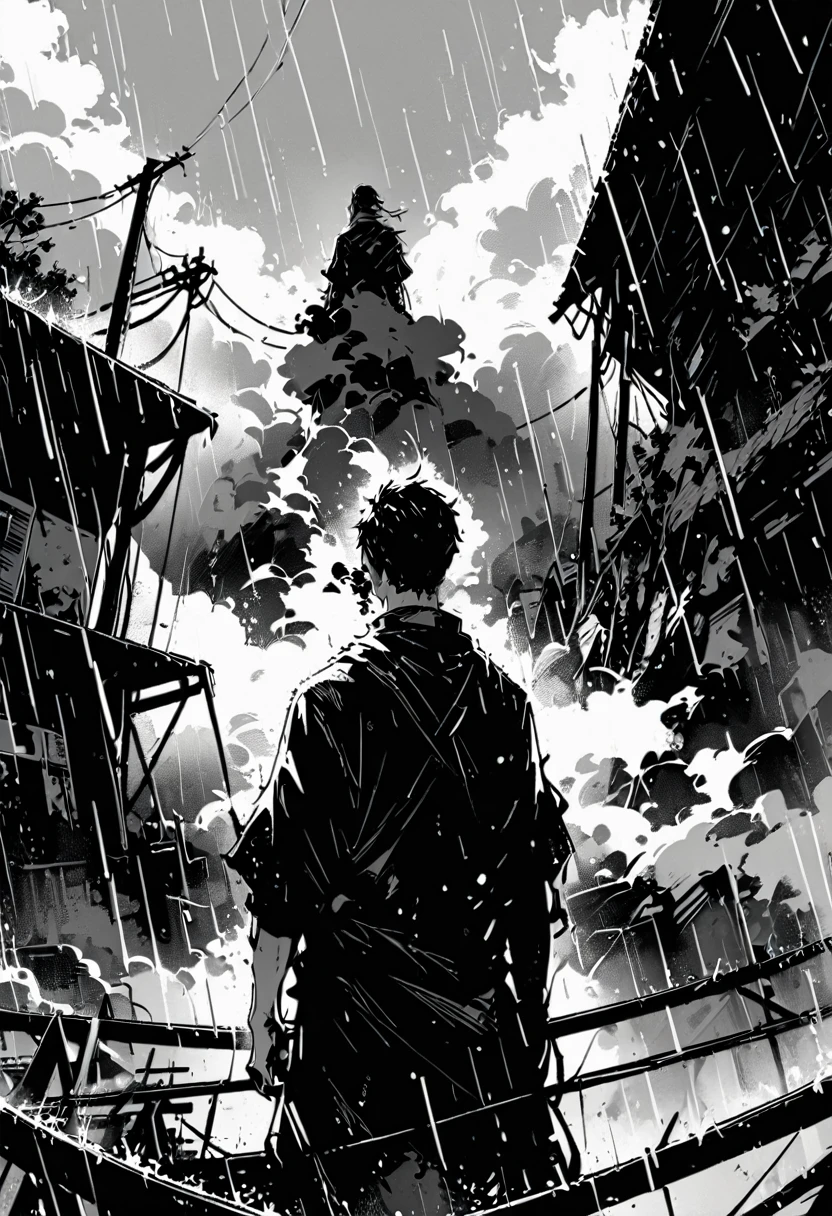 solitary, arms, Everlasting, Keep, 1 boy, From the back, smokes, Power lines, landscape, rain, outdoor, 1Other