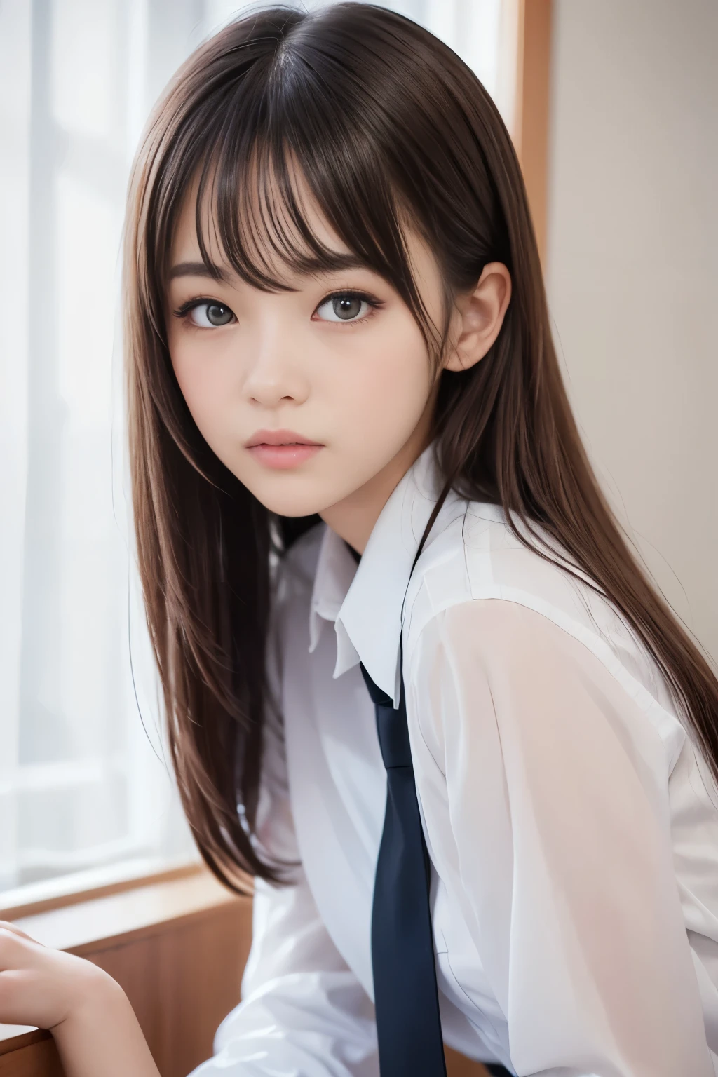 Tabletop、Highest quality、High school girls、16 years old, 8K、RAW Photo、（skin：1.2）、Ultra-high resolution、（lens：50mm）、（F/1.2）、Exquisitely drawn eyes、looking at the camera、Beautiful Face, (Fair skin), light makeup, ((Thin eyebrows, Thin eyebrows)) , Slender body, (Medium chest, Beautiful body lines), （Big round eyes：1.4）、（Droopy eyes：1.2）, 16 years old, Straight Hair, (Medium Hair, bangs), Dark Eyes, 白いskin, beautiful girl, 16 years old, Very beautiful student,  (uniform:1.4), White shirt, (uniformのWhite shirt, tie, Pleated skirt), (White wall, Bright windows), Shallow depth of field 