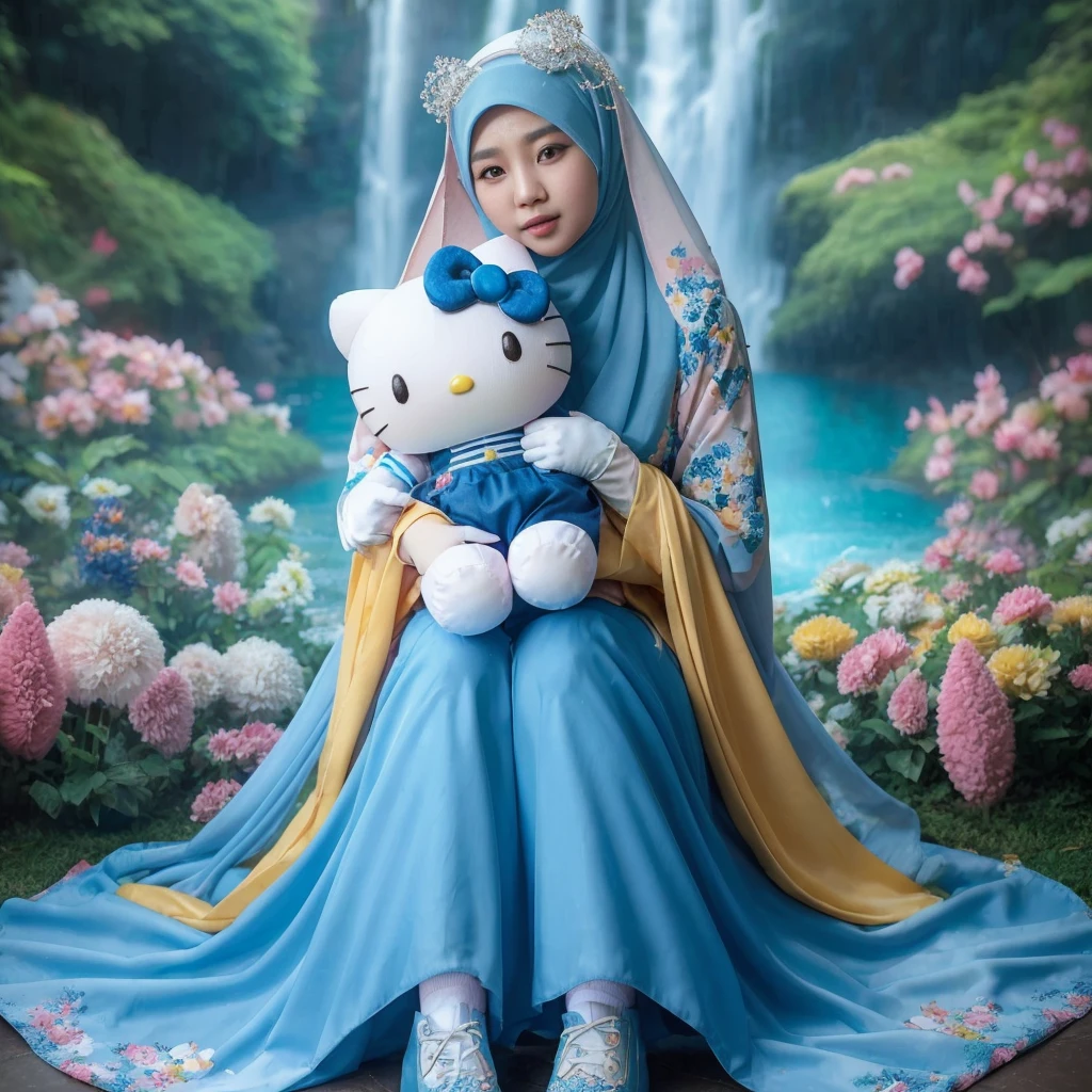 full body, an Indonesian woman with a beautiful Korean face, wear the hijab, long pink Muslim clothes with doll images, pink shoes and white gloves, hugging a very cute hello kitty doll with a beautiful flower garden in the background behind which there is a waterfall, the picture is very clear,Real, realistic k