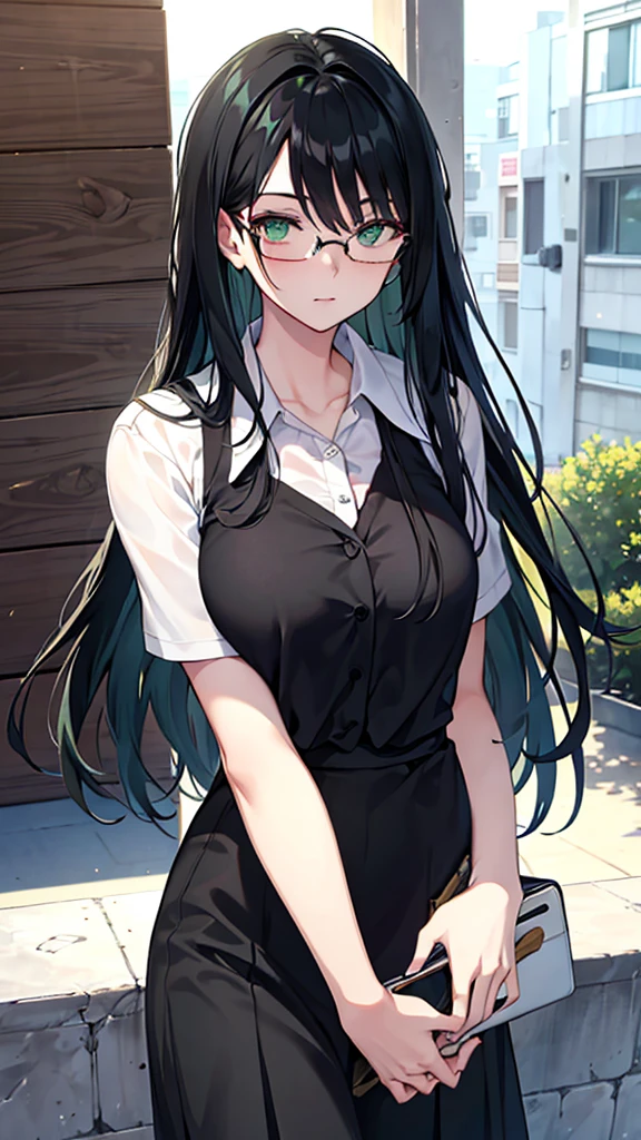 , long black hair, glasses, greeneyes