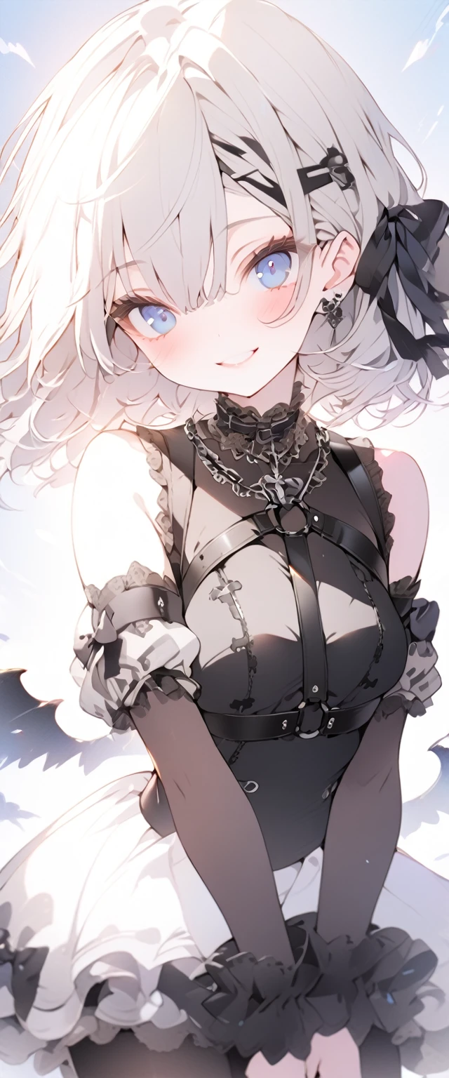 beautiful, masterpiece, Highest quality, anime, One girl, C Cup,Portrait Shot, View your viewers, Covered、Short Hair、nearby、Blue Eyes、art、、White hair,Blue streaked hair、wallpaper、hairpin、Cute smile、Thighs、 blue sky、Gothic Lolita、Gothic Lolita、Body stockings、Underskirt、Platform long boots、Full Harness、Body Harness