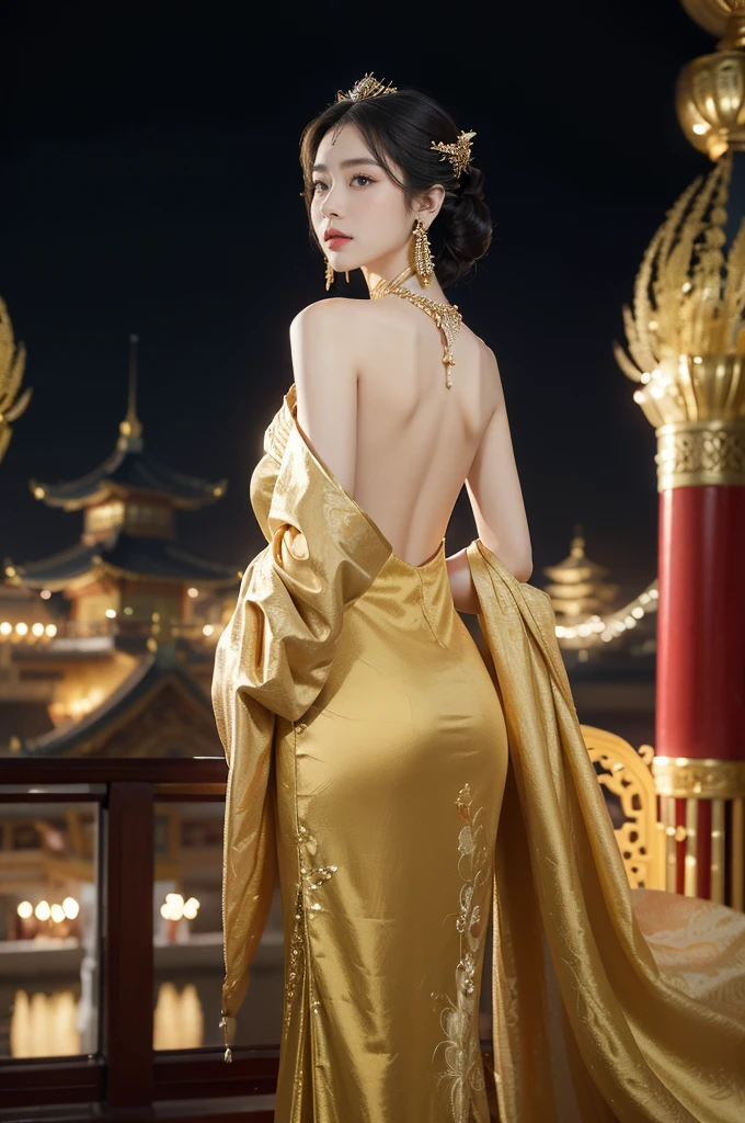 (((best quality))),(((ultra detailed))),(((masterpiece))),illustration,1 girl,solo,slim,thin,shoulder length straight bob hair,earrings,necklace,Asian appearance,princess,royal,Chinese palace,night scene,magnificent dragon gown,golden crown,intricate embroidery,luxurious fabric,precious stones,metallic throne,decorative patterns,rich decorations,luxurious furnishings,regal charm,beautiful face,gentle smile,bright eyes,historical,traditional,city lights,modernity,frozen moment,beauty of the past,evolution of time,from back,upper body,standing,((bare back,towering hips,butt crack))