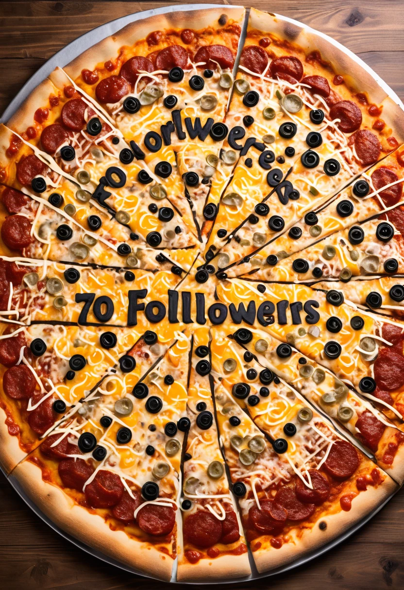 ultra detailed pizza with toppings that say ("700 followers inlexum":1.9) text out of sauce and cheese. realistic, detailed.
(full length view:1.4) 