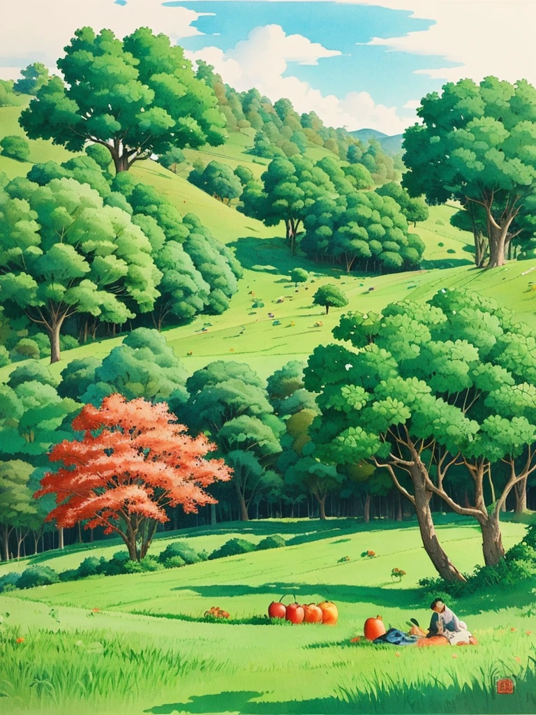 A lush landscape of trees and fruit、In ink painting