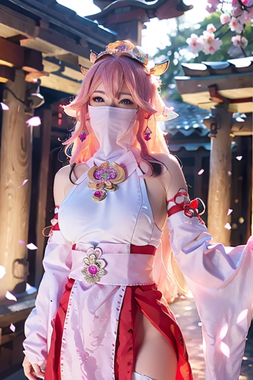 (Extreme Detail CG Unity 8K wallpaper, masterpiece, highest quality), (ulzzang-6500-v1.1:0.4) 1girl, kpop idol, yae miko, detached sleeves, pink hair, long hair, best quality, (photorealistic:1.2), (hair ornament:1.35), jewelry, wearing face veil, white face veil, purple eyes, earrings, large breasts, torii, cherry blossoms, lantern light, depth of field, detailed face, face focus, (looking at viewer:1.25), shiny skin, long sleeves, smile, thick lips, game cg, thighhighs, east asian architecture, blurry background, full body, arms behind back,hands behind,