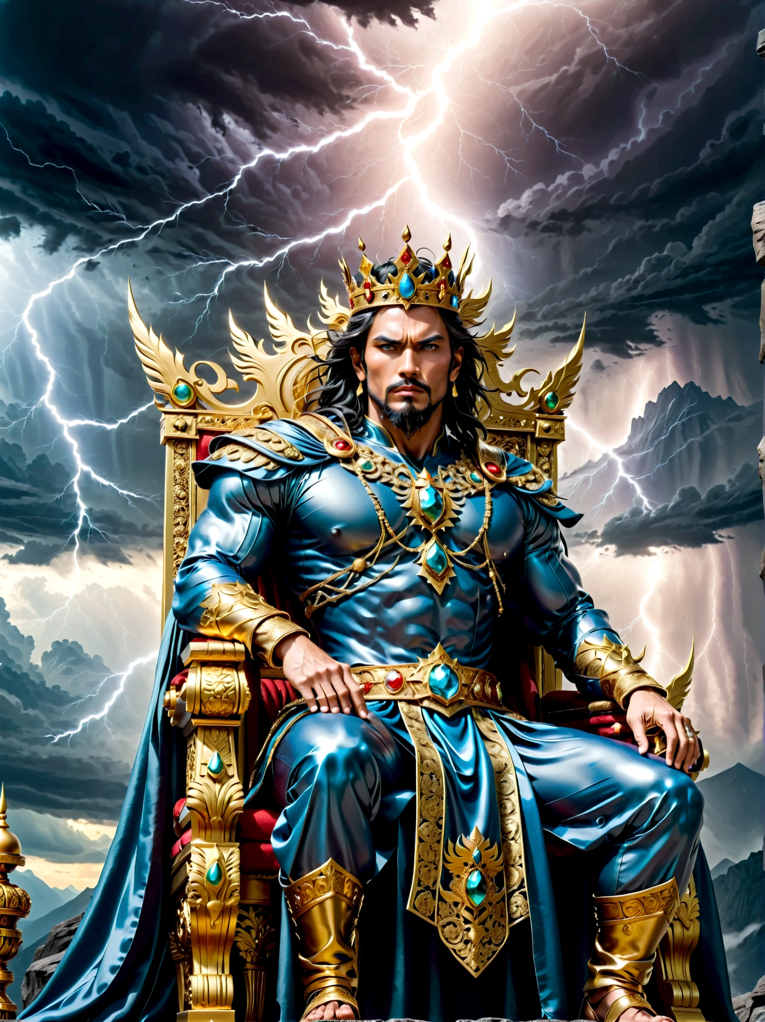A majestic deity sitting on a gold throne, high atop a mountain, under a sky filled with dark, thunderous clouds. His crown, embedded with gems, signifies his status as a king. Strong and formidable, his hands wield a scepter radiating with the powerful energy of thunder. His attire is regal, made out of luxurious fabrics, bright as lightning. His face reflects wisdom and indomitable spirit, his eyes glow with a thunder-like intensity. His overall appearance emanates an aura of divinity and power, truly fit for the King of the Gods of Thunder

