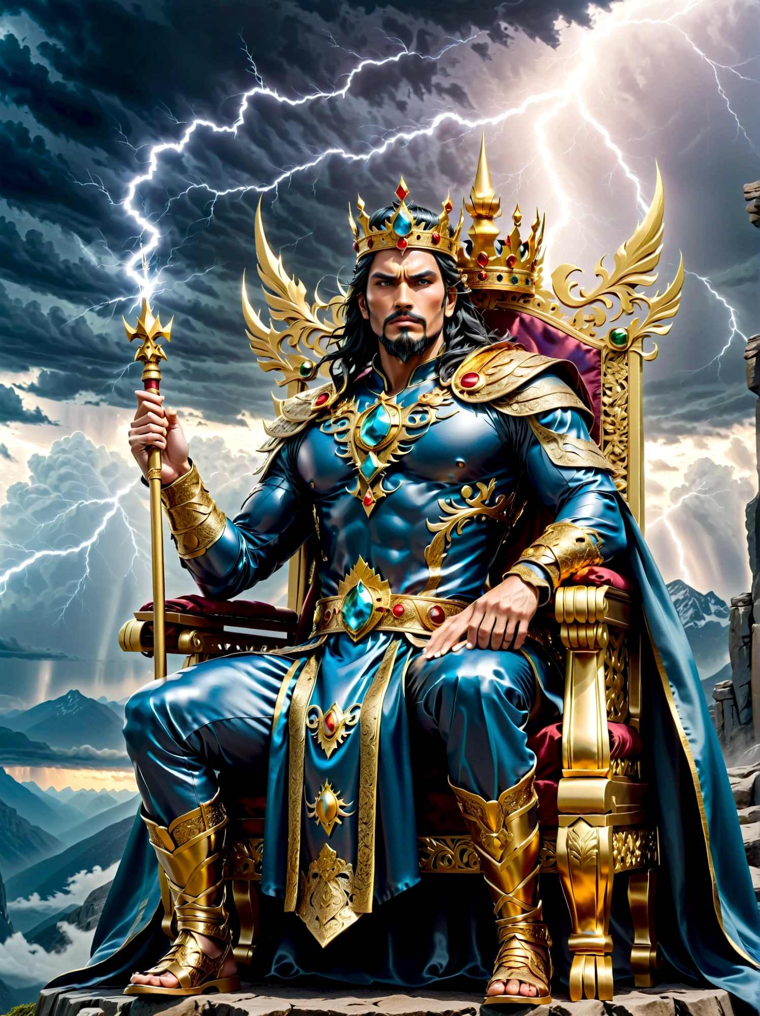 A majestic deity sitting on a gold throne, high atop a mountain, under a sky filled with dark, thunderous clouds. His crown, embedded with gems, signifies his status as a king. Strong and formidable, his hands wield a scepter radiating with the powerful energy of thunder. His attire is regal, made out of luxurious fabrics, bright as lightning. His face reflects wisdom and indomitable spirit, his eyes glow with a thunder-like intensity. His overall appearance emanates an aura of divinity and power, truly fit for the King of the Gods of Thunder