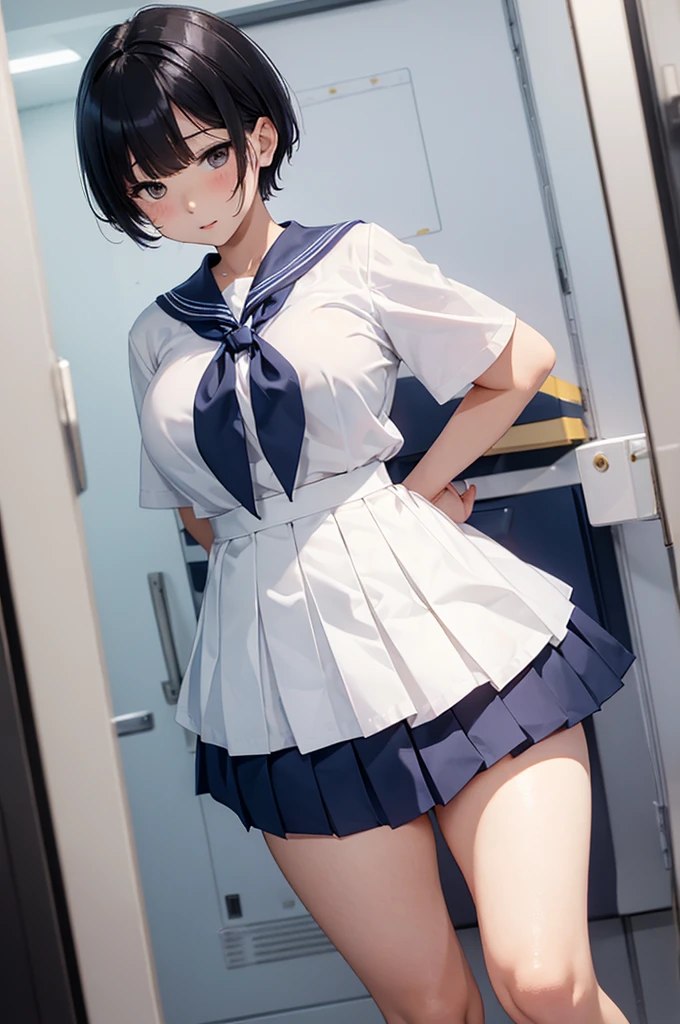 Big Breasts、Bare thighs、(Sailor suit summer uniform、White short-sleeved shirt、Navy blue micro mini skirt、Navy Pleated Skirt、White mesh panties、Yellow tie、White Short Socks)、(Black Hair、Very Short Hair、boyishカット)、Women's High生、boyish、Women's High、classroom、独奏