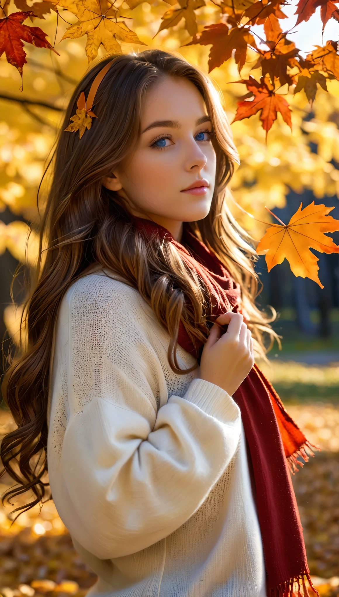 (masterpiece), Highest quality, Super detailed, figure, Warm lighting, Soft lighting, Bright colors, 1 Girl, alone,( beautiful girl, Long Hair, blue eyes, ribbon, Brown Hair, Hair between the eyes, hair ribbon, Side Lock, very Long Hair, Messy Hair,) , autumn, Lots of maple trees, maple leaf, Golden Leaf, autumn leaves, Dry leaves, river, Fresh air, peace, Cool breeze , Sweater Weather,( Wear a white or brown sweater, Red scarf, melancholyなautumn, Lost in Thought, melancholy, sad ,Worried, longing,)