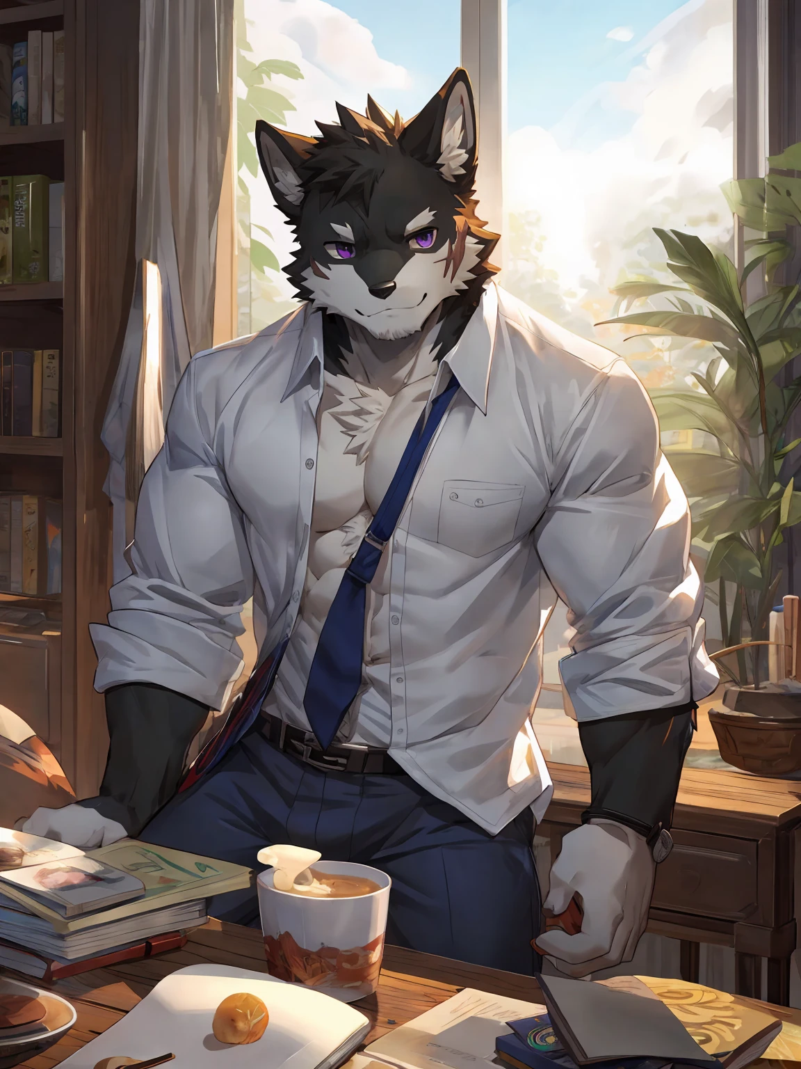 embedding:black wolf, male,purple eyes,Scar on the face, scar on the body,Single person，The fur on the chest and abdomen is white.Inside the apartment,Elder brother.Modern apartment, clean and tidy.casual Shirt，Casual pants,Formal, everyday,A mild expression,Maturity,The highest quality of scene detail,adult,Tall and powerful,muscle，Best quality hands, best quality eye，detailed fur，Delicate eyes.Extreme picture quality，by sollyz,by zixiong,by milkytiger1145