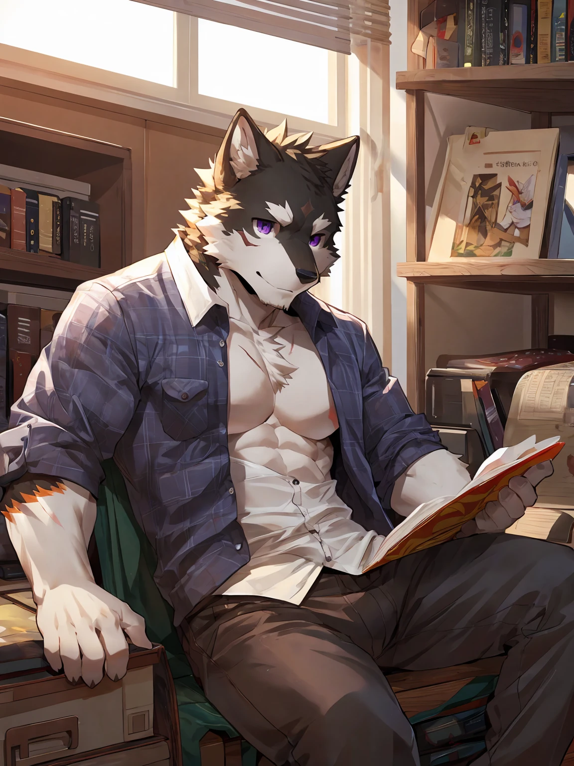 embedding:black wolf, male,purple eyes,Scar on the face, scar on the body,Single person，The fur on the chest and abdomen is white.Inside the apartment,Elder brother.Modern apartment, clean and tidy.casual Shirt，Casual pants,Formal, everyday,A mild expression,Maturity,The highest quality of scene detail,adult,Tall and powerful,muscle，Best quality hands, best quality eye，detailed fur，Delicate eyes.Extreme picture quality，by sollyz,by zixiong,by milkytiger1145