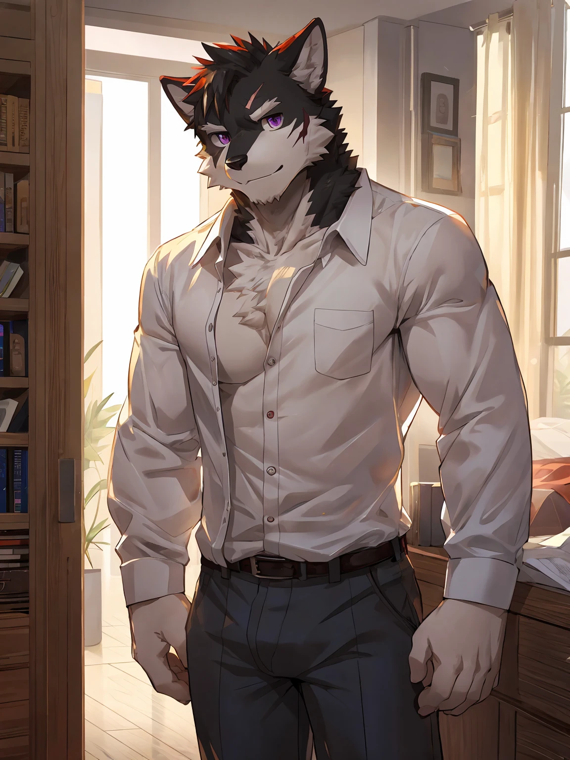 embedding:black wolf, male,purple eyes,Scar on the face, scar on the body,Single person，The fur on the chest and abdomen is white.Inside the apartment,Elder brother.Modern apartment, clean and tidy.casual Shirt，Casual pants,Formal, everyday,A mild expression,Maturity,The highest quality of scene detail,adult,Tall and powerful,muscle，Best quality hands, best quality eye，detailed fur，Delicate eyes.Extreme picture quality，by sollyz,by zixiong,by milkytiger1145