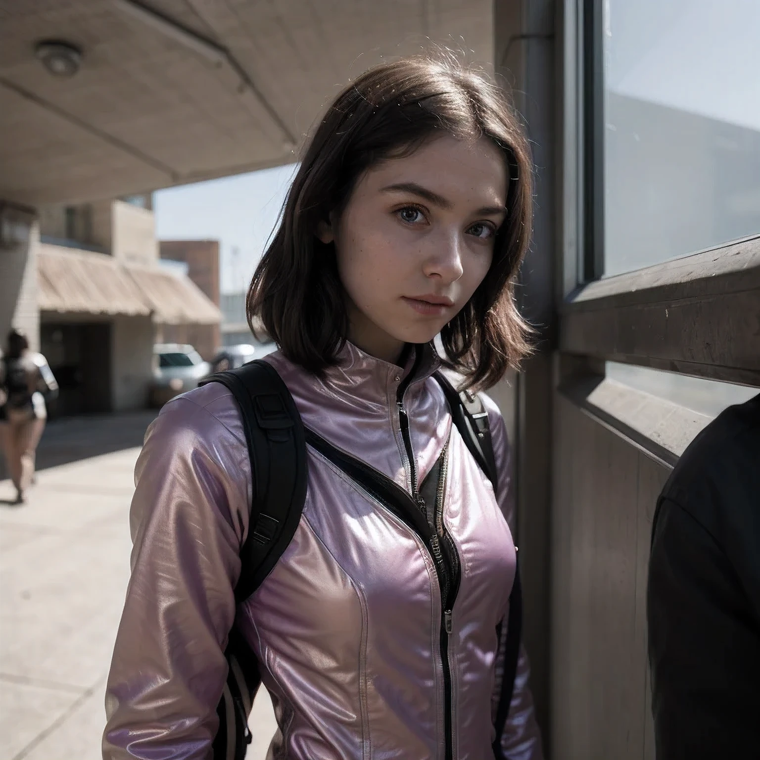 Photo of a college student, Purple Pink, Futuristic space suit, (freckle:0.8) Cute face, Science Fiction, Dystopia, Delicate eyes, Green pupils（（side view））