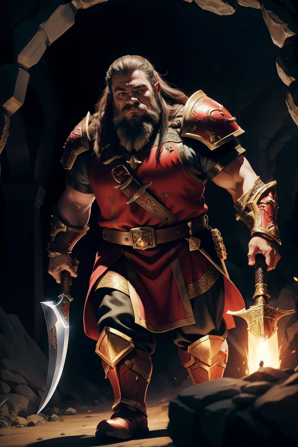 Anime-inspired depiction, featuring a dwarf clad in red armor adorned with intricate yellow details, wielding a black axe with a heavy and menacing presence. The axe itself is detailed, with a gleaming shaft and a sharp, dark blade that gleams ominously. In the dimly lit cavern, torches flicker on the walls, casting dramatic lighting that illuminates the dwarf's detailed face, eyes, and lips. The details on the armor, the axe, and the cavern walls are so intricate that they approach hyperrealism, making the artwork a true masterpiece in the realm of fantasy art. The image is rendered in 8