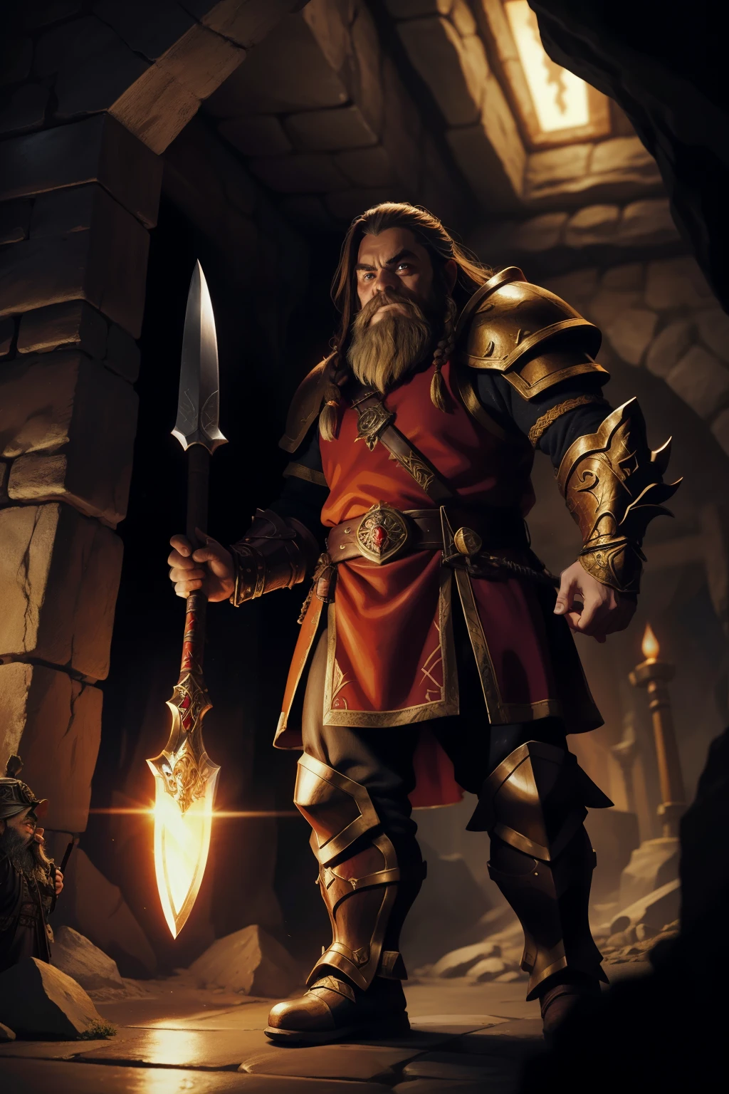 Anime-inspired depiction, featuring a dwarf clad in red armor adorned with intricate yellow details, wielding a black axe with a heavy and menacing presence. The axe itself is detailed, with a gleaming shaft and a sharp, dark blade that gleams ominously. In the dimly lit cavern, torches flicker on the walls, casting dramatic lighting that illuminates the dwarf's detailed face, eyes, and lips. The details on the armor, the axe, and the cavern walls are so intricate that they approach hyperrealism, making the artwork a true masterpiece in the realm of fantasy art. The image is rendered in 8