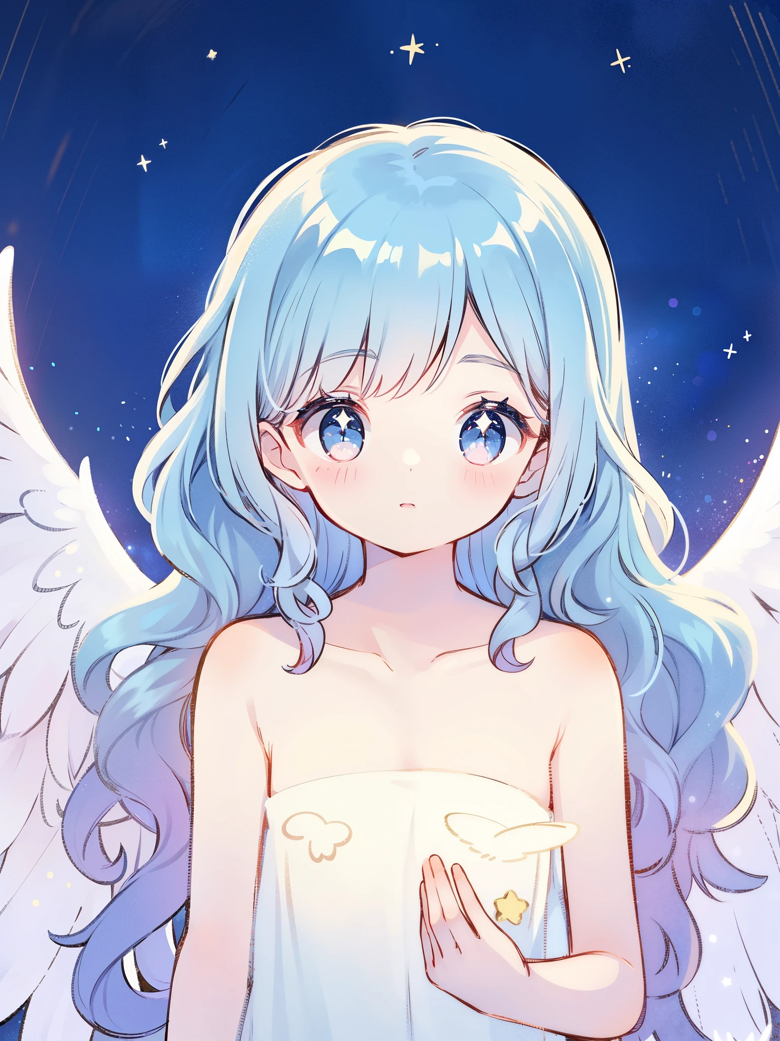 angel girl wearing an ethereal translucent dress, pale skin, ((blue mint wavy hair)), white feathers, angel wings, sparkling detailed eyes, golden ratio face, perfect composition, highly detailed, ethereal, (starry night sky background), midjourney style