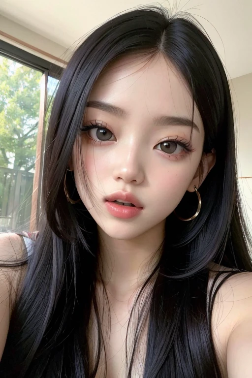 ((best qualityer)), ((work of art)), (detailded), 1 girl, igual jisoo do Blackpink,  long black hair, lying in bed while eating a strawberry, com o rosto da jisoo do Blackpink, with fair beauty and big eyes, Full mouth 