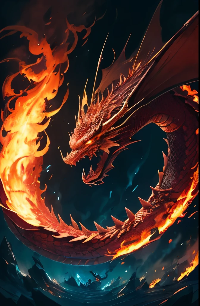 a red dragon with a long tail and a long tail is in flames, fire dragon, dragon art, red dragon, ''dragon breathing fire, dragon portrait, 🌺 cgsociety, fire flaming dragon serpent, “fire breathing dragon, a red dragon, phoenix dragon, portrait of a dragon, dragon breathing fire, soft delicate draconic features, dragon face, fire breathing dragon