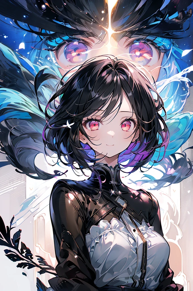 (masterpiece, highest quality, highest quality, (No text), Beautiful and aesthetic:1.2),No text,アニメ、 high resolution BREAK,One Girl,Short black hair Tree Eyes Beautiful eyes Red eyes Beautiful girl cool smile Black Coat mini skirt Whole body Night view Detailed eyes and face