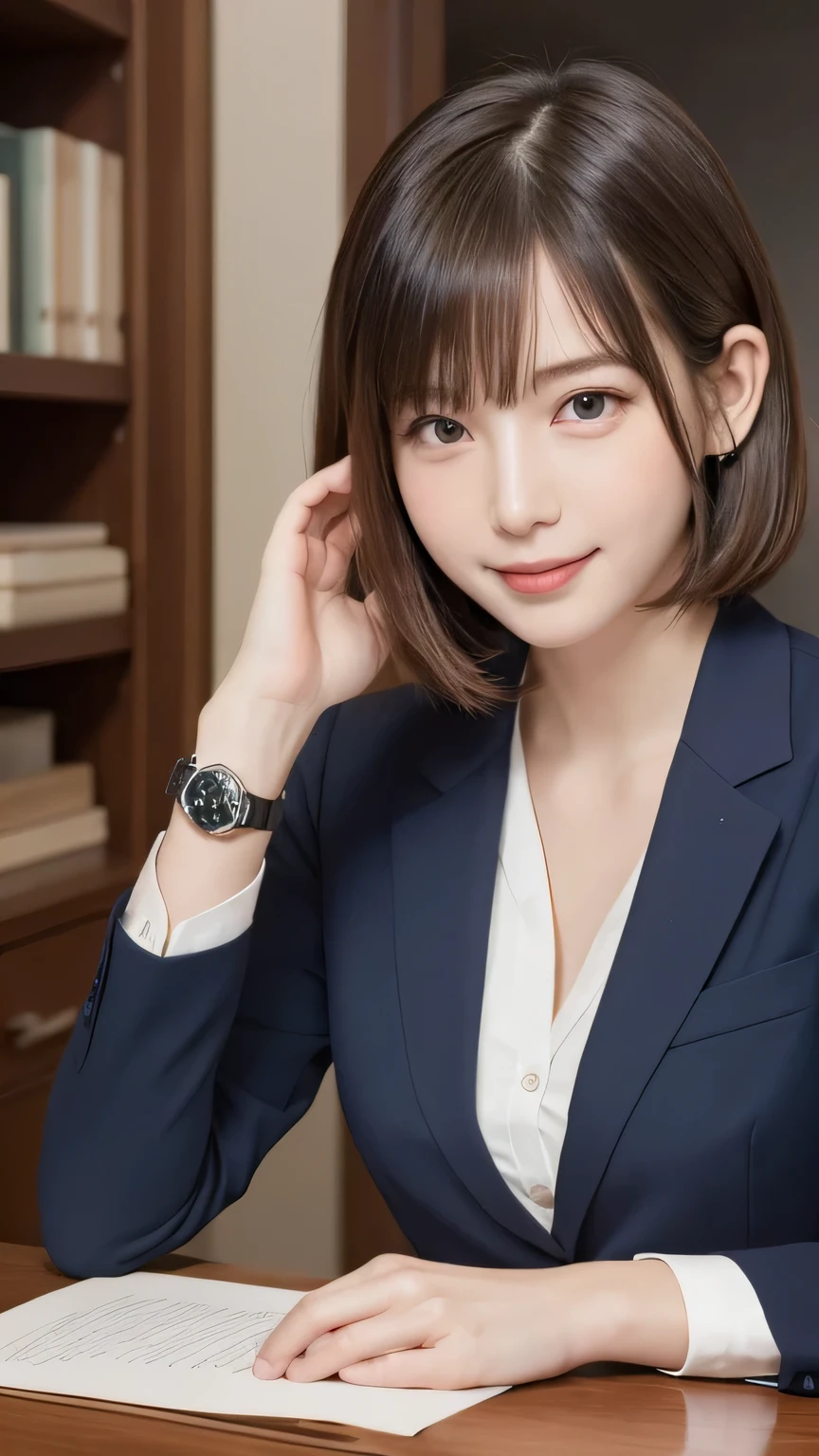 closeup shot , Best picture quality (8K, high resolution, Masterpiece: 1.2), super detailed, 215 Short Hair, 16-year-old woman,
situation: In a luxurious office in a high-rise building in the city、Scene sitting at desk。
clothing: Luxury suits、Leather shoes、Business accessories such as watches and cufflinks。
angle:
Close-up: Sitting at a desk、Signing important documents、A detailed look at the facial expression as he answers the phone and gives instructions。
Detailed depiction: Luxurious office interior、Luxury pens and laptop on a desk、Projecting a panoramic view of the city behind。
Emotional moment: The moment you give instructions to your subordinates、Important decision making scene、Emphasize the satisfied expression after hanging up the phone。
, Close-up of face
, random cute pose ,big eyes ,Puffy eyes , Heart Pupil, blush , huge shy smile , salute