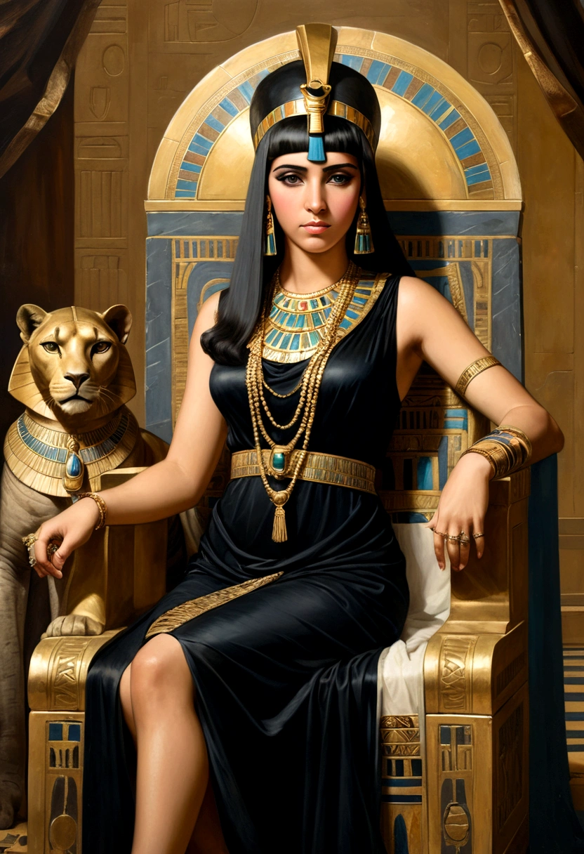 painting, Cleopatra aged 22, no back ground, youngest Cleopatra at 22 years old, sitting on her throne, showing your sovereignty, Cleopatra is in her iconic outfit, She is wearing a black dress and full of jewelry, renaissance painting