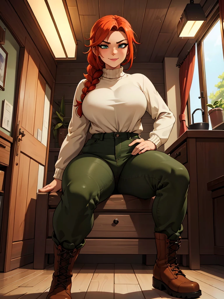 (best quality,4k,8k,highres,masterpiece:1.2),ultra-detailed,realistic:1.37,portrait, anthro very sexy bandicoot  girl lesbian redhead, braided hair, beautiful green eyes, seductive, warm sweater, hants to camouflage pants, army boots, smirking, cozy lighting, vibrant colors. Futanari, lewd,    night, crotesc , penis, 