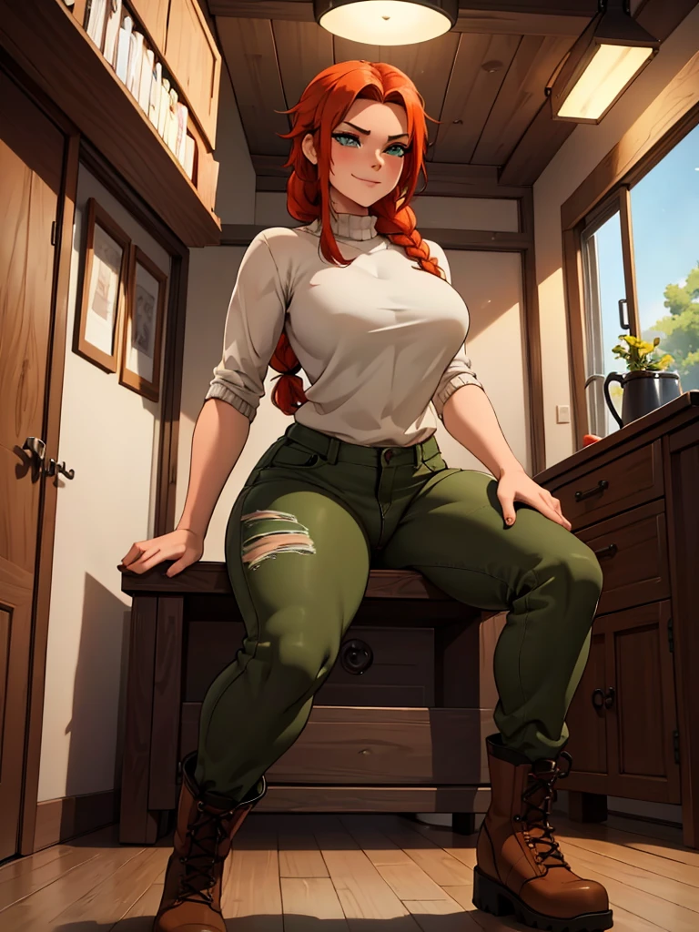 (best quality,4k,8k,highres,masterpiece:1.2),ultra-detailed,realistic:1.37,portrait, anthro very sexy bandicoot  girl lesbian redhead, braided hair, beautiful green eyes, seductive, warm sweater, hants to camouflage pants, army boots, smirking, cozy lighting, vibrant colors. Futanari, lewd,    night, crotesc , penis, 