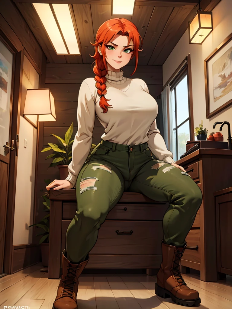 (best quality,4k,8k,highres,masterpiece:1.2),ultra-detailed,realistic:1.37,portrait, anthro very sexy bandicoot  girl lesbian redhead, braided hair, beautiful green eyes, seductive, warm sweater, hants to camouflage pants, army boots, smirking, cozy lighting, vibrant colors. Futanari, lewd,    night, crotesc , penis, 