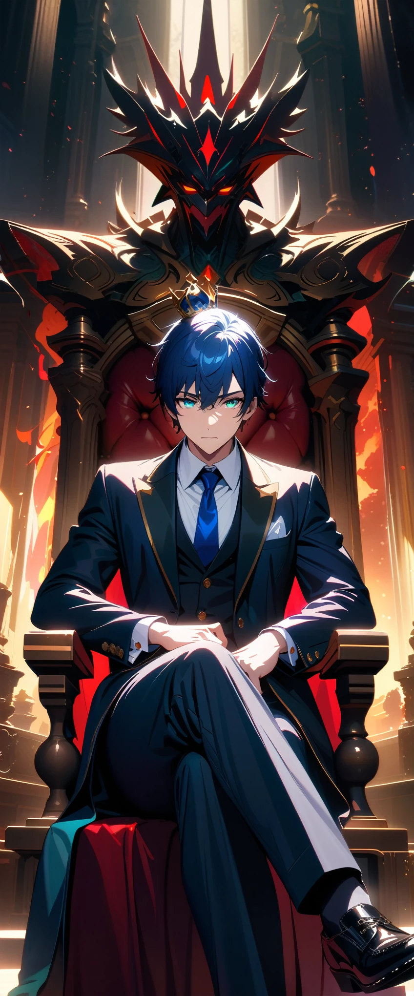 Masterpiece, Best Quality, Super Detailed, High Definition, Expensive Resolution, HDR, Super Detailed CG, Beautiful Details, Depth, Fine Texture, Super Fine, Complete concentration, Pale skin, Handsome man, smart and cool man, confident, short hair, black hair, blue hair highlight, beautiful detail eyes, emerald eyes, full details black tuxedo suit, blue trim, mini crown, 1 male, Cold face and eyes, closed mouth, ethereal atmosphere, A large throne of power and authority , intricate details, volumetric lighting, atmospheric lighting, lens flare, particles, Cinematic light, colorful light, white colors schemes, sitting on Throne of Power, fine detail, intricate, extremely detailed eyes and face, expression was arrogant and cold, Posing looks calm and powerful, crossed legs