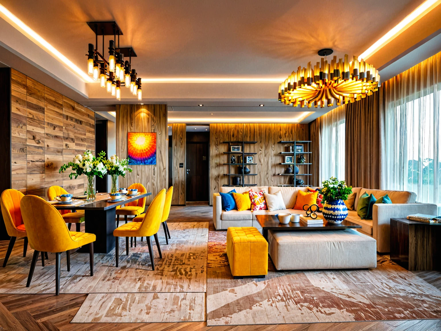 Raw photo, Masterpiece, high quality, best quality, authentic, super detail,
indoors, living room style modern,
sunset, vivid colour,