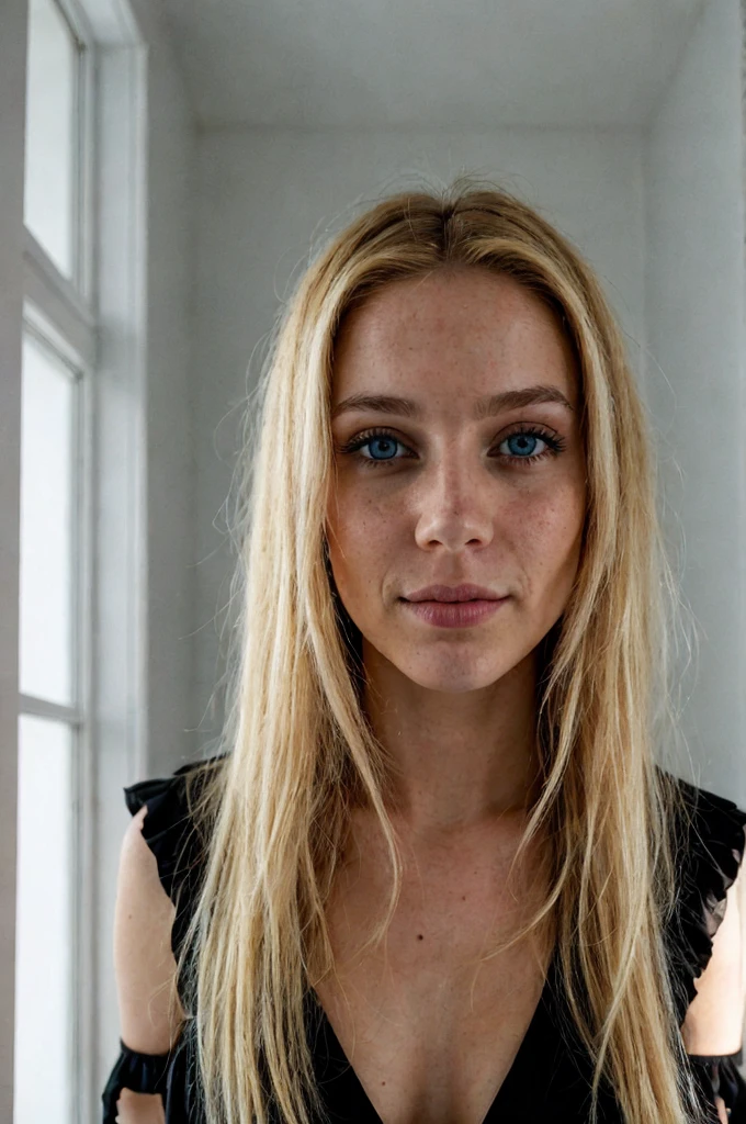 photo and gross, Face portrait photo of beautiful model 26 years old blonde ..oh woman, Beautiful face, wearing a black dress, happy face, hard shadows, dramatic lighting, blue eyes, bedroom
