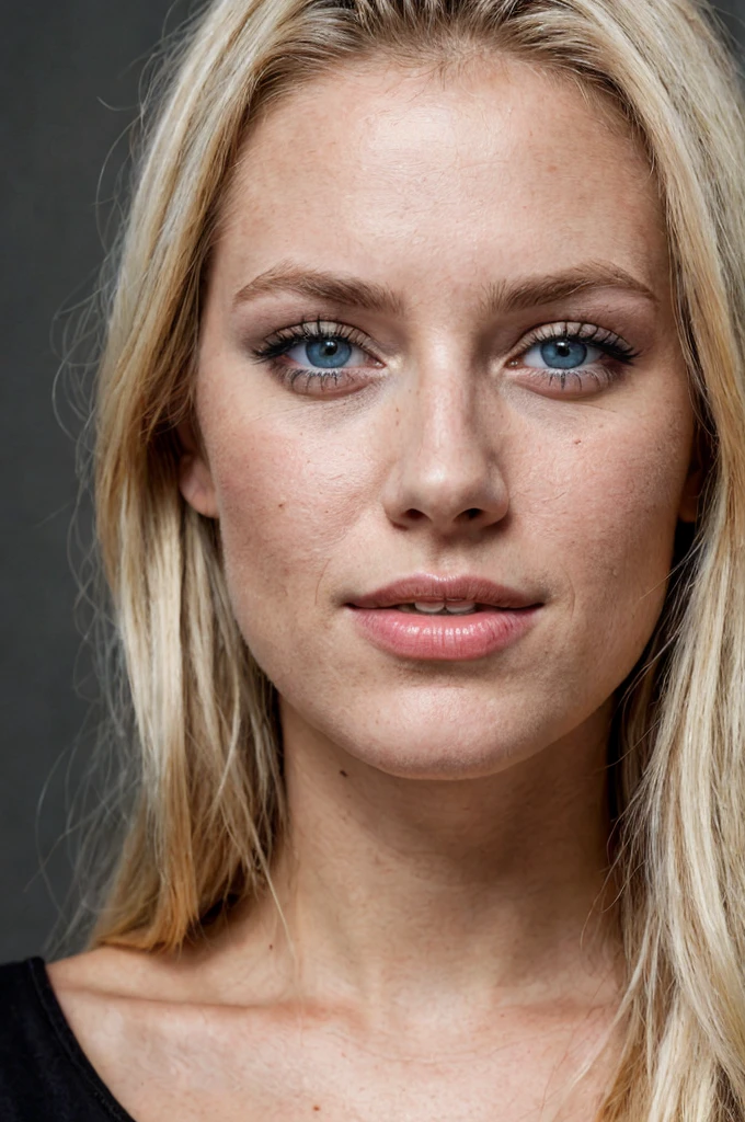 photo and gross, Face portrait photo of beautiful model 26 years old blonde ..oh woman, Beautiful face, wearing a black dress, happy face, hard shadows, dramatic lighting, blue eyes, bedroom 