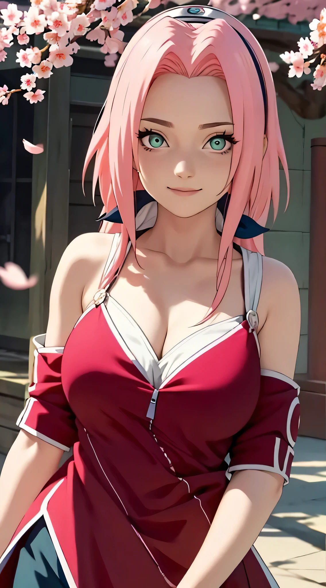 tmasterpiece， Best quality at best， 1girll， Sakura Haruno， Large breasts，Off-the-shoulder attire，（cleavage)，（upperbody closeup)，Raised sexy，is shy，ssmile，with pink hair， long whitr hair， （Green eyeballs:1.4)， Forehead protection， the cherry trees，Cherry blossoms flying，Red clothes，Zipper half