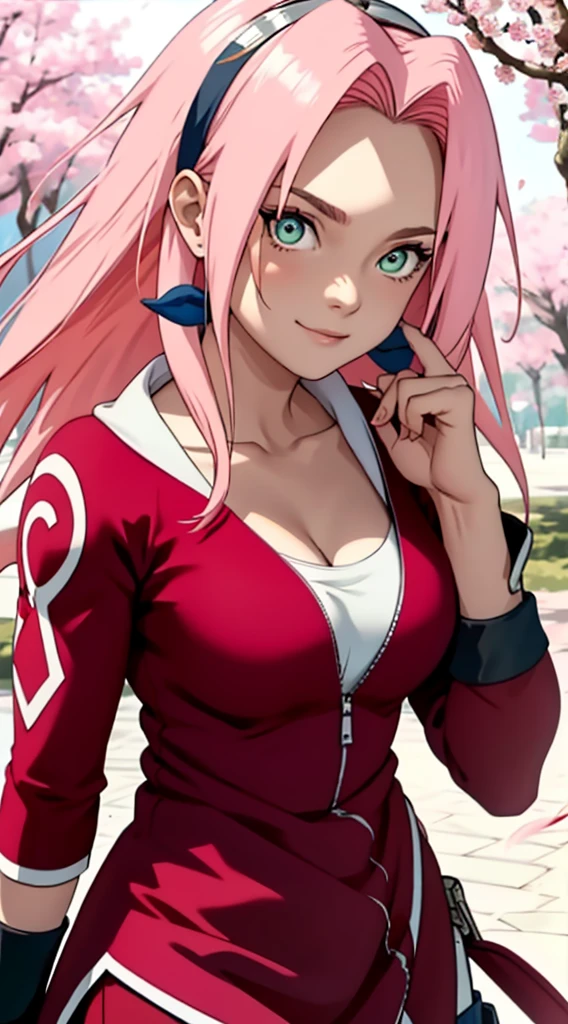 tmasterpiece, Best quality at best, 1girll, Sakura Haruno, Large breasts,Off-the-shoulder attire,(cleavage),(upperbody closeup),Raised sexy,is shy,ssmile,with pink hair, long whitr hair, (Green eyeballs:1.4), Forehead protection, the cherry trees,Cherry blossoms flying,Red clothes,Zipper half