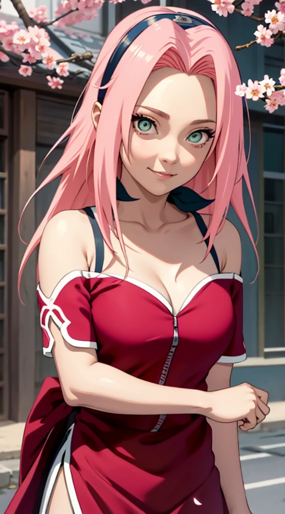 tmasterpiece， Best quality at best， 1girll， Sakura Haruno， Large breasts，Off-the-shoulder attire，（cleavage)，（upperbody closeup)，Raised sexy，is shy，ssmile，with pink hair， long whitr hair， （Green eyeballs:1.4)， Forehead protection， the cherry trees，Cherry blossoms flying，Red clothes，Zipper half